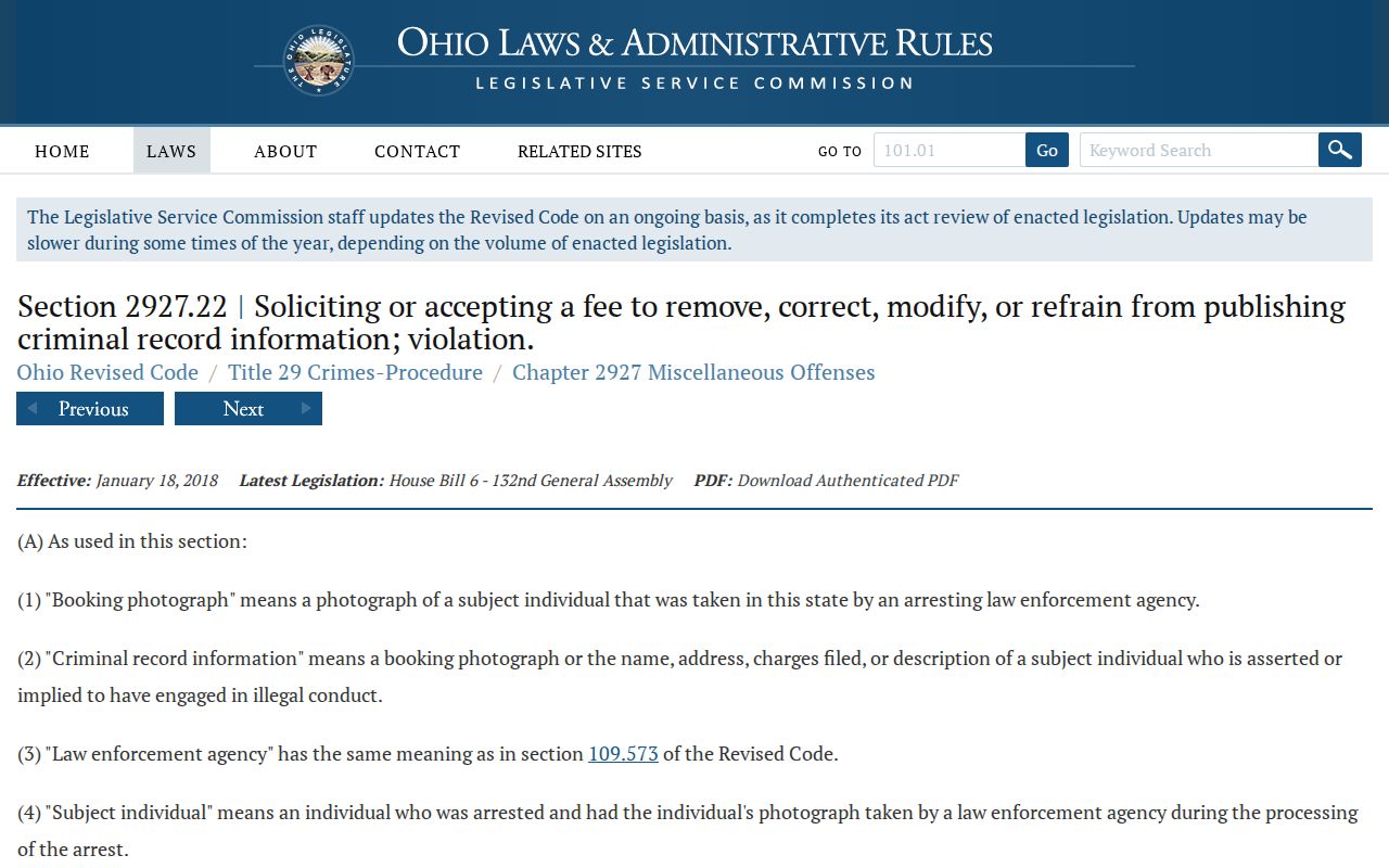 Ohio Revised Code booking-photo statute page